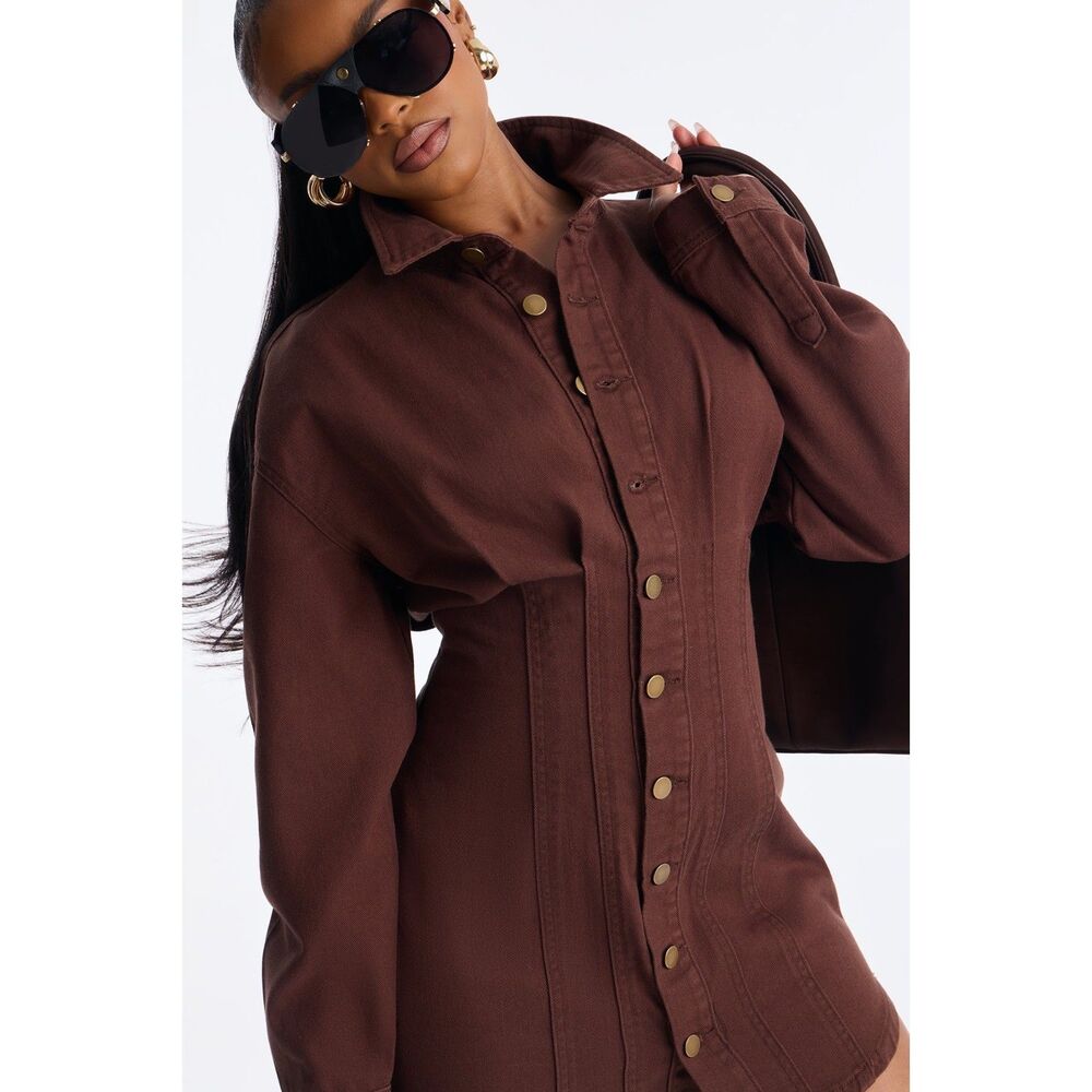 Fashion Nova Brown Denim Mini Shirt Dress Size Small Corset Waist